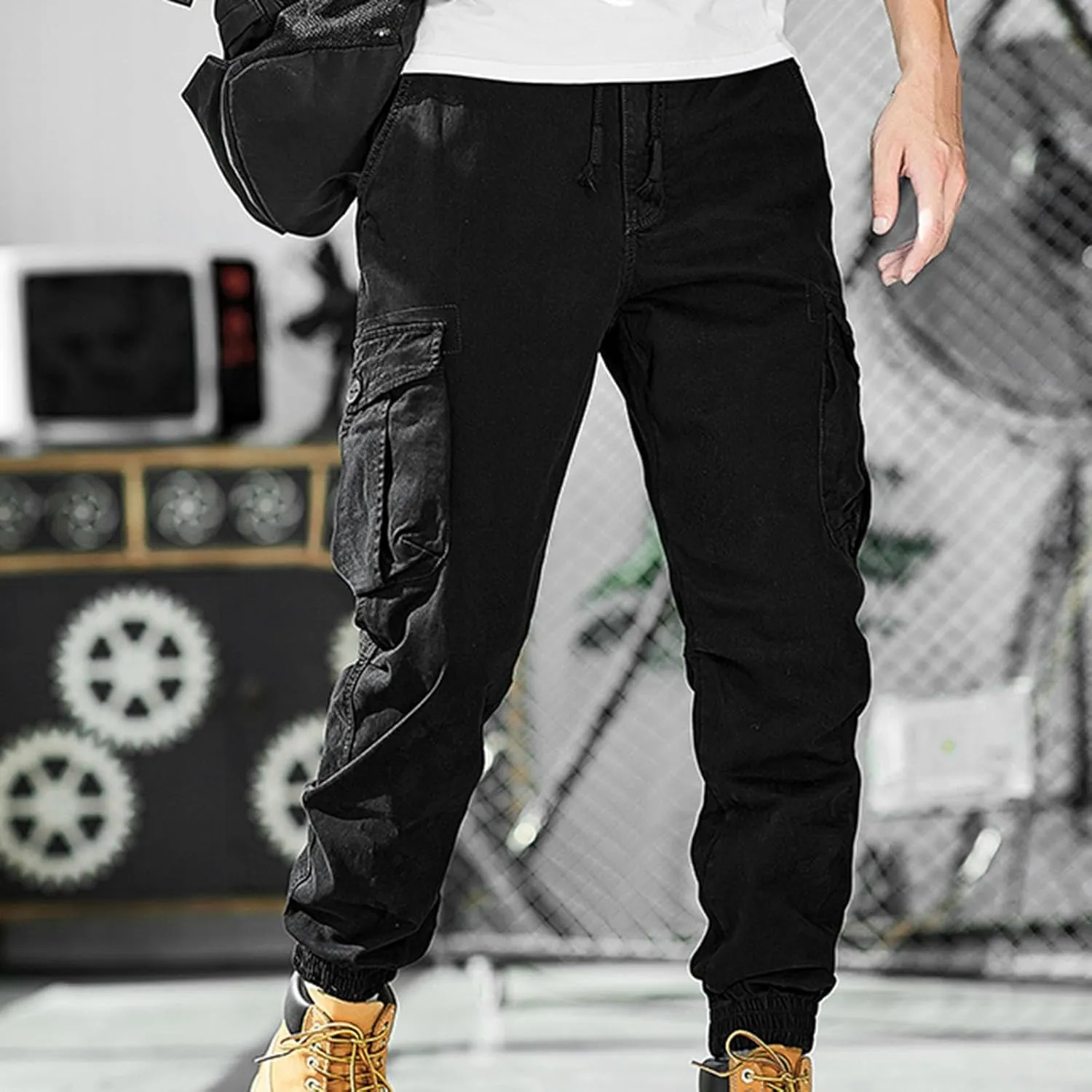 Men Cargo Pants Joggers Lightwieght Elastic Waist Pants Outdoor Hiking Pants with Multi Pockets Ripstop Cargo Pants