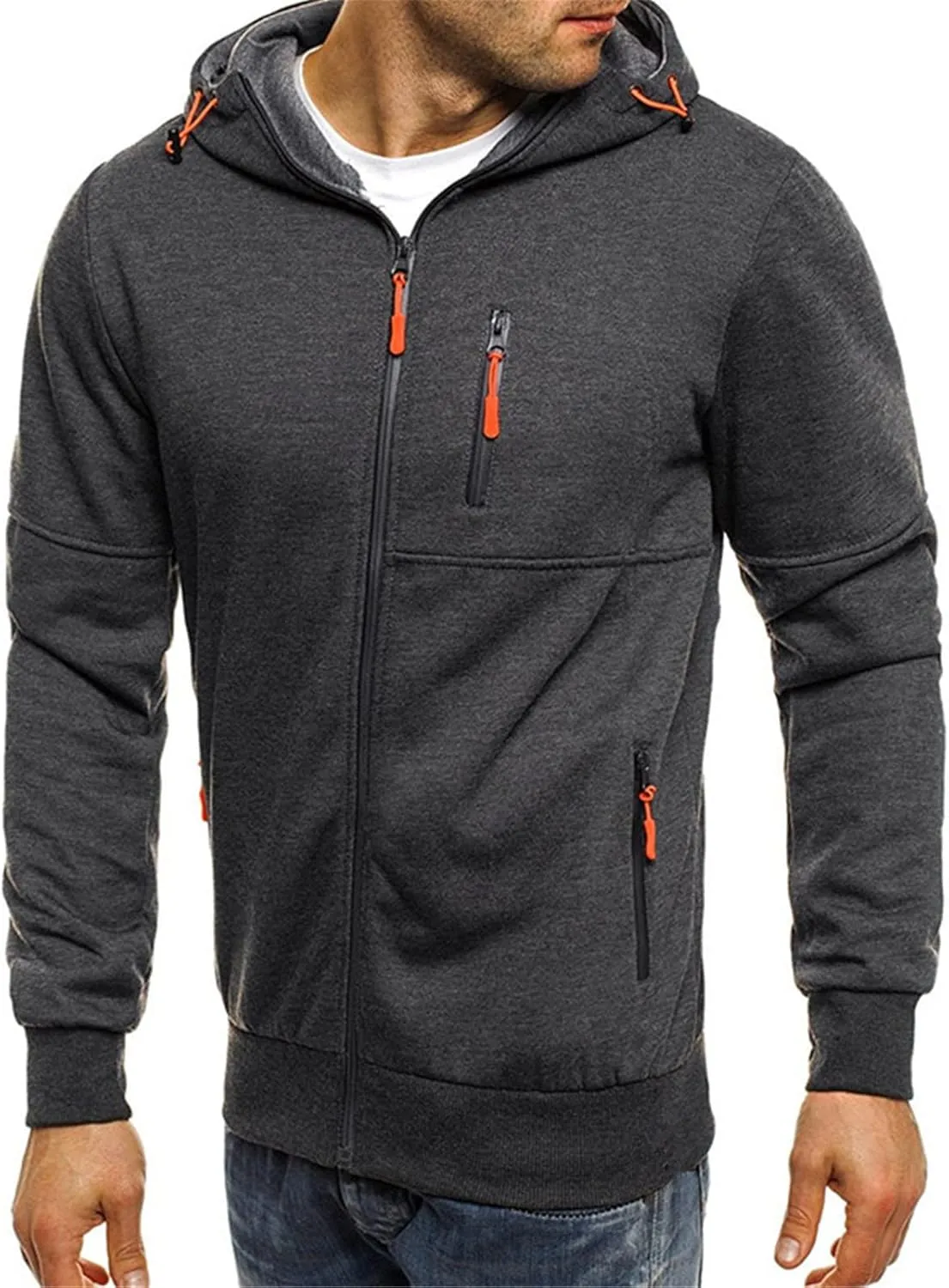 Men Hoodies Casual Hoodies for Men with Zip Pockets Full Zip Long Sleeve Plain Sweatshirt Sports Fleece Hooded Jacket