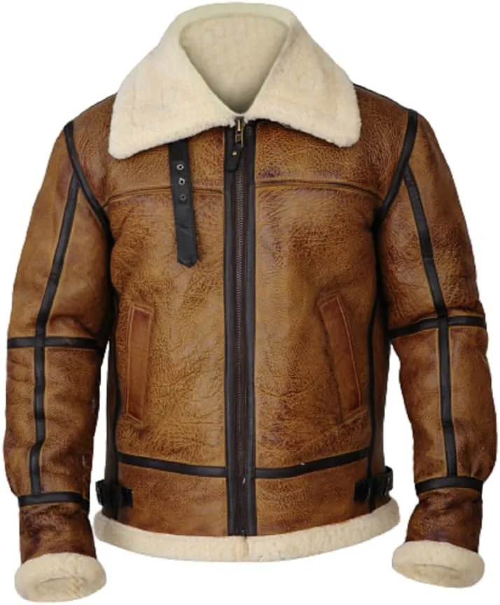 Men's Aviator Shearling Leather Jacket, Brown, Sherpa Collar, Winter Bomber Coat with Black Trim