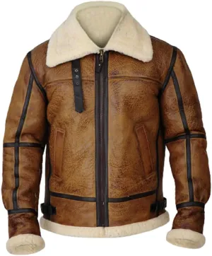 Men's Aviator Shearling Leather Jacket, Brown, Sherpa Collar, Winter Bomber Coat with Black Trim