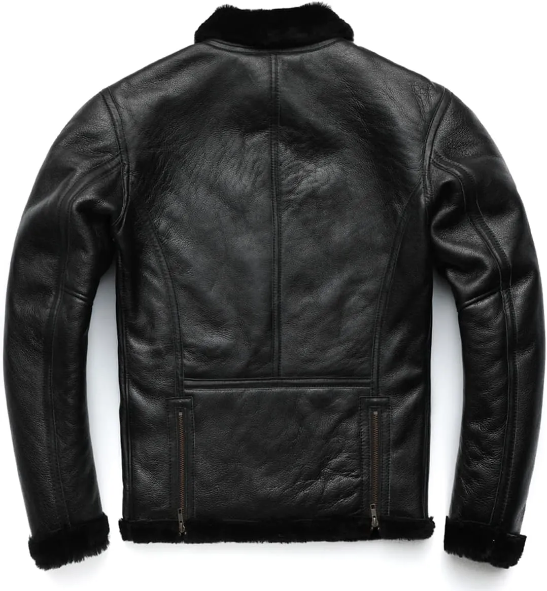 Men’s B3 Bomber Black Genuine Sheepskin Sherpa Shearling Faux Fur Lined Air Force Military Winter Warm Aviator Leather Jacket