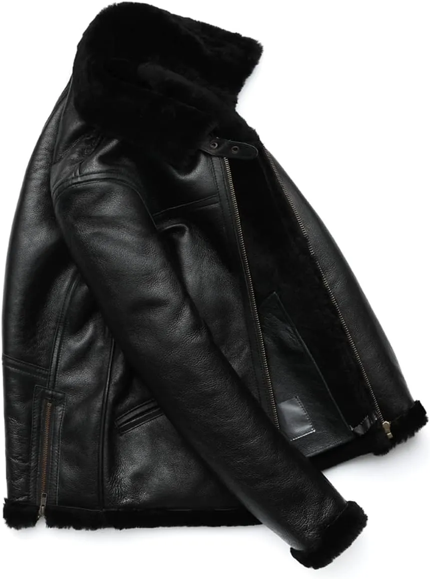 Men’s B3 Bomber Black Genuine Sheepskin Sherpa Shearling Faux Fur Lined Air Force Military Winter Warm Aviator Leather Jacket