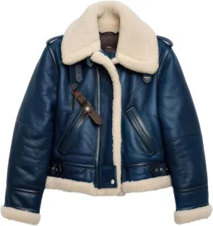 Men's B3 Bomber Coat Navy Blue Genuine Sheepskin Aviator FauxFur Sherpa Shearling Lined Warm Winter Pilot Leather Jacket