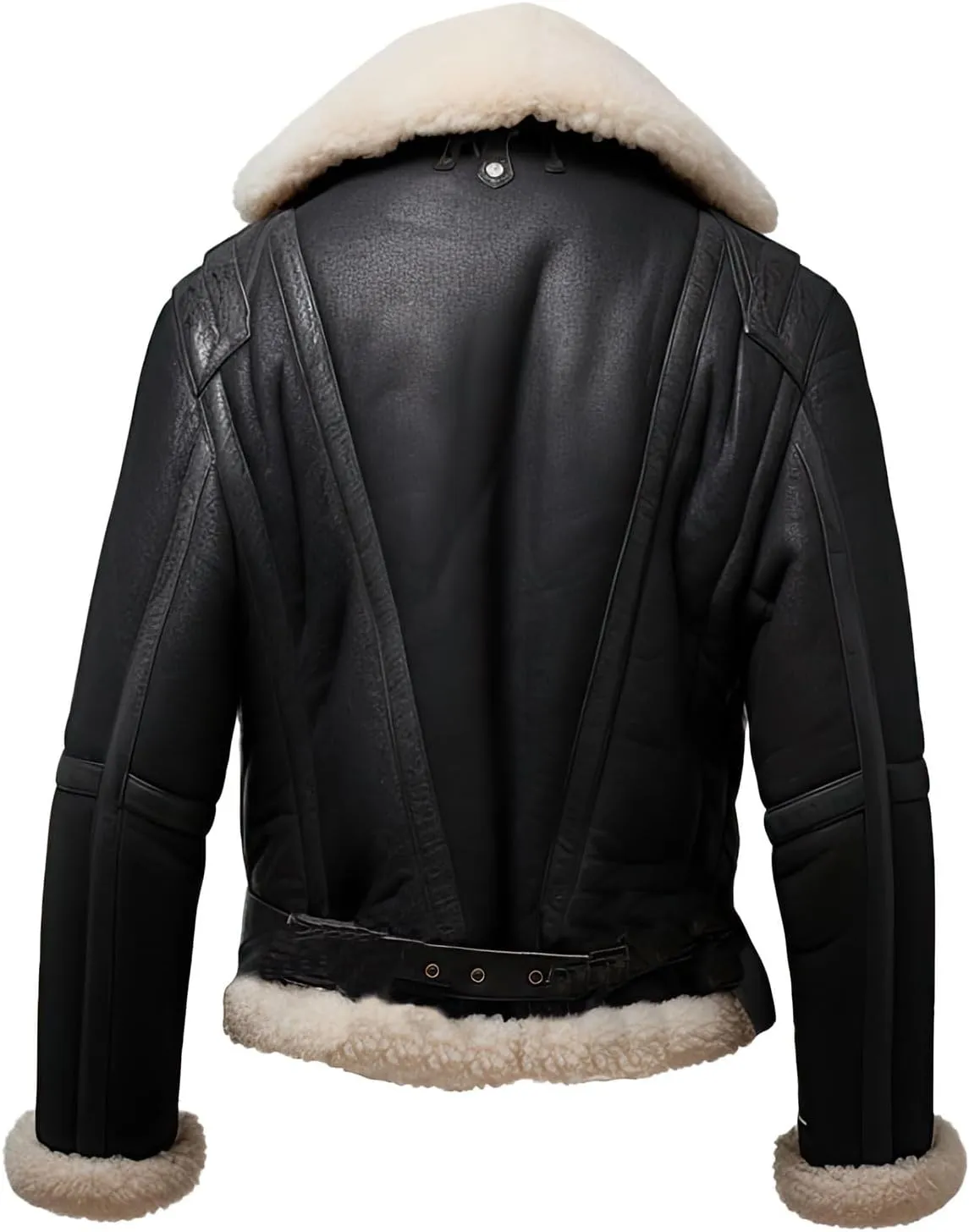 Men's Black Genuine Leather Sheepskin Sherpa Shearling Faux Fur Lined Aviator Bomber Jacket