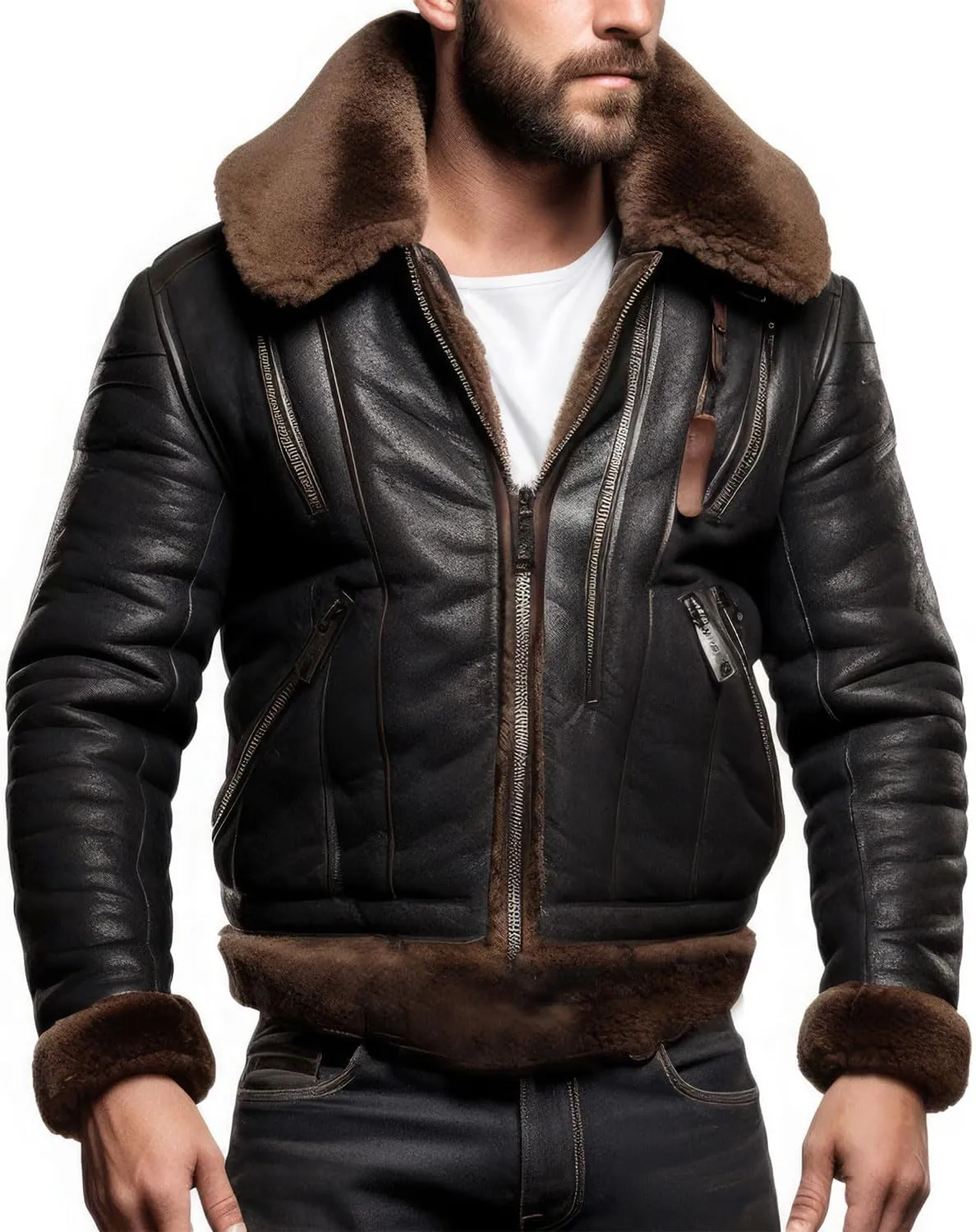 Men's Black Genuine Sheepskin B3 Aviator Jacket – Thick Sherpa Lined Bomber for Winter Warmth