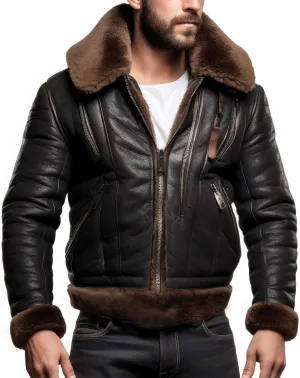 Men's Black Genuine Sheepskin B3 Bomber Aviator Pilot Flight, Sherpa Shearling Faux Fur Lined, Winter Warmth, Leather Jacket