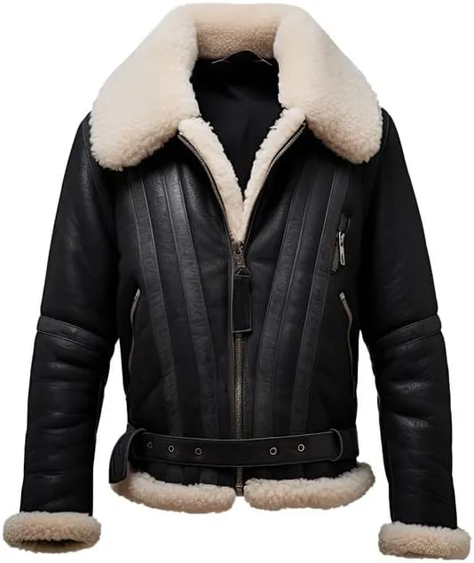 Men’s Black Genuine Sheepskin Sherpa Shearling Faux Fur Lined Winter Warm Air-Force Aviator Pilot Bomber Leather Jacket
