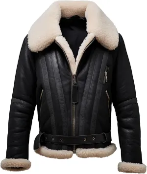 Men’s Black Genuine Sheepskin Sherpa Shearling Faux Fur Lined Winter Warm Air-Force Aviator Pilot Bomber Leather Jacket
