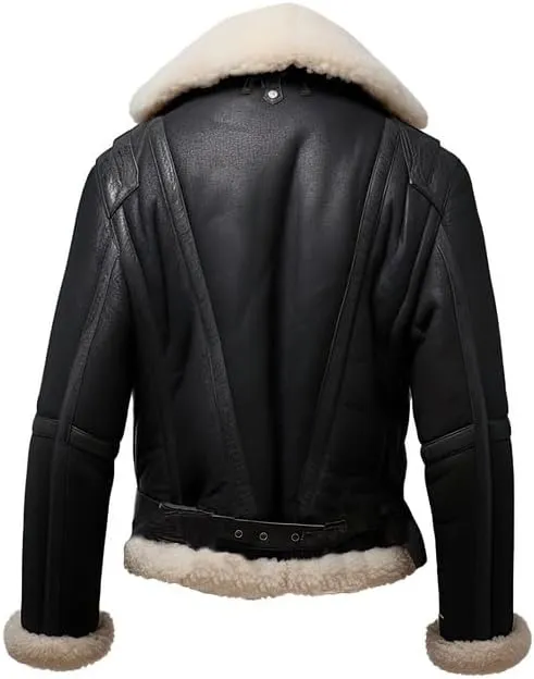 Men’s Black Genuine Sheepskin Sherpa Shearling Faux Fur Lined Winter Warm Air-Force Aviator Pilot Bomber Leather Jacket