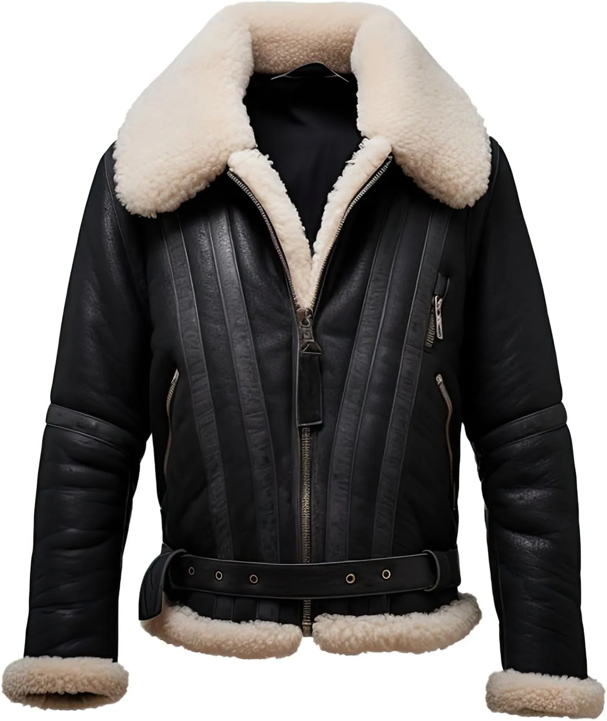 Men’s Black Genuine Sheepskin Sherpa Shearling Faux Fur Lined Winter Warm Air-Force Aviator Pilot Bomber Leather Jacket