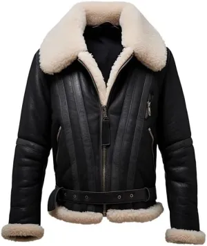 Men’s Black Genuine Sheepskin Sherpa Shearling Faux Fur Lined Winter Warm Air-Force Aviator Pilot Bomber Leather Jacket
