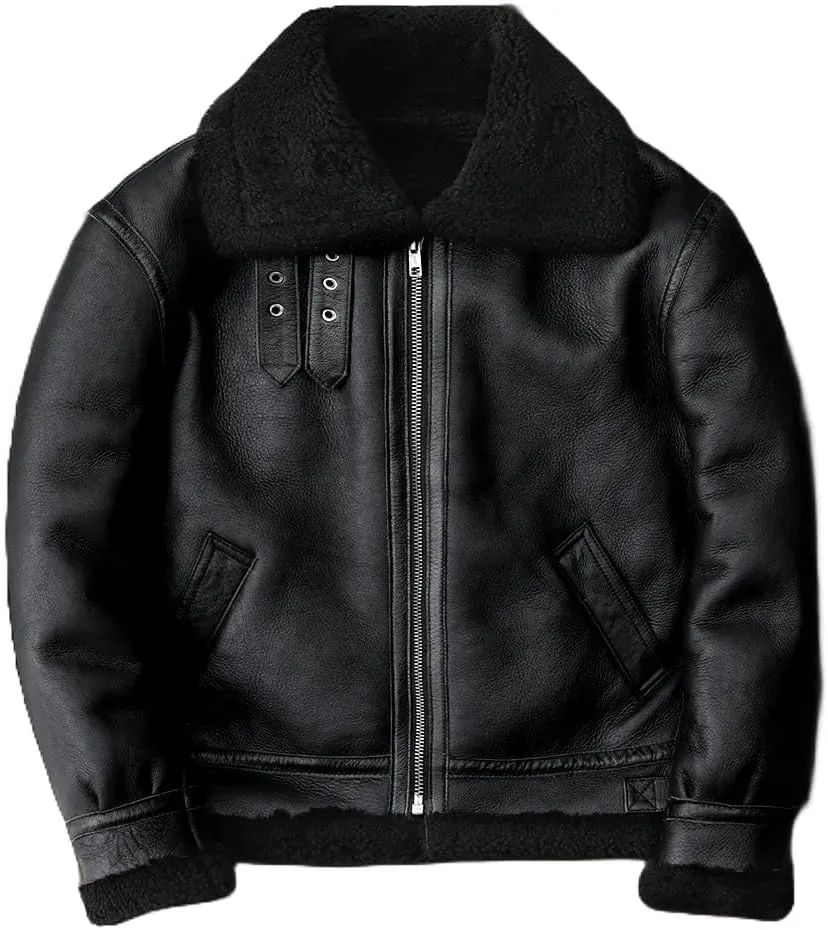 Men’s Black Genuine Sherpa Shearling Leather Jacket – Winter Warm Fur-Lined Aviator Bomber Jacket Fleece-Lined Leather Jacket