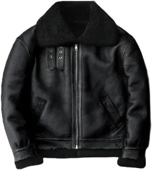 Men’s Black Genuine Sherpa Shearling Leather Jacket – Winter Warm Fur-Lined Aviator Bomber Jacket Fleece-Lined Leather Jacket