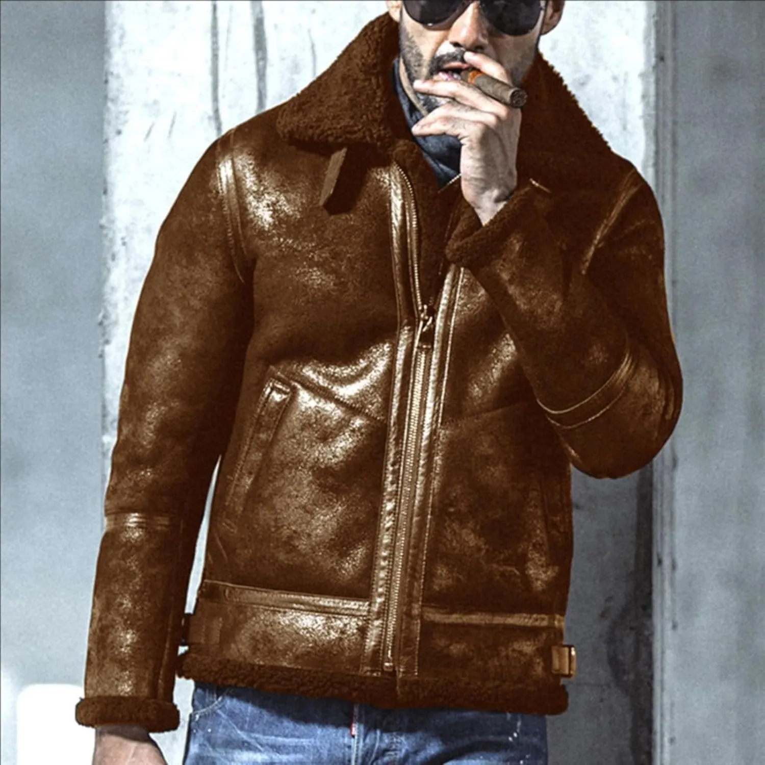 Mens Bomber Sherpa Faux Leather Jacket Zip Up Heavyweight Trench Coat Spread Collared Winter Suede Jackets
