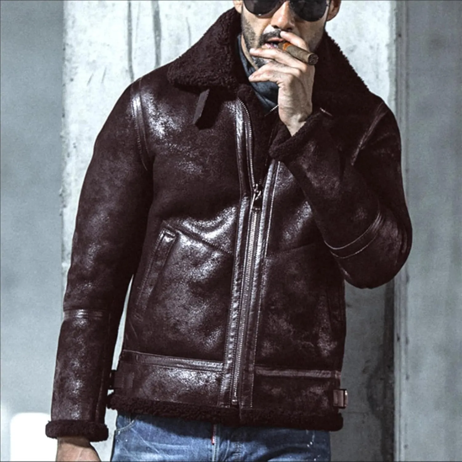 Mens Bomber Sherpa Faux Leather Jacket Zip Up Heavyweight Trench Coat Spread Collared Winter Suede Jackets