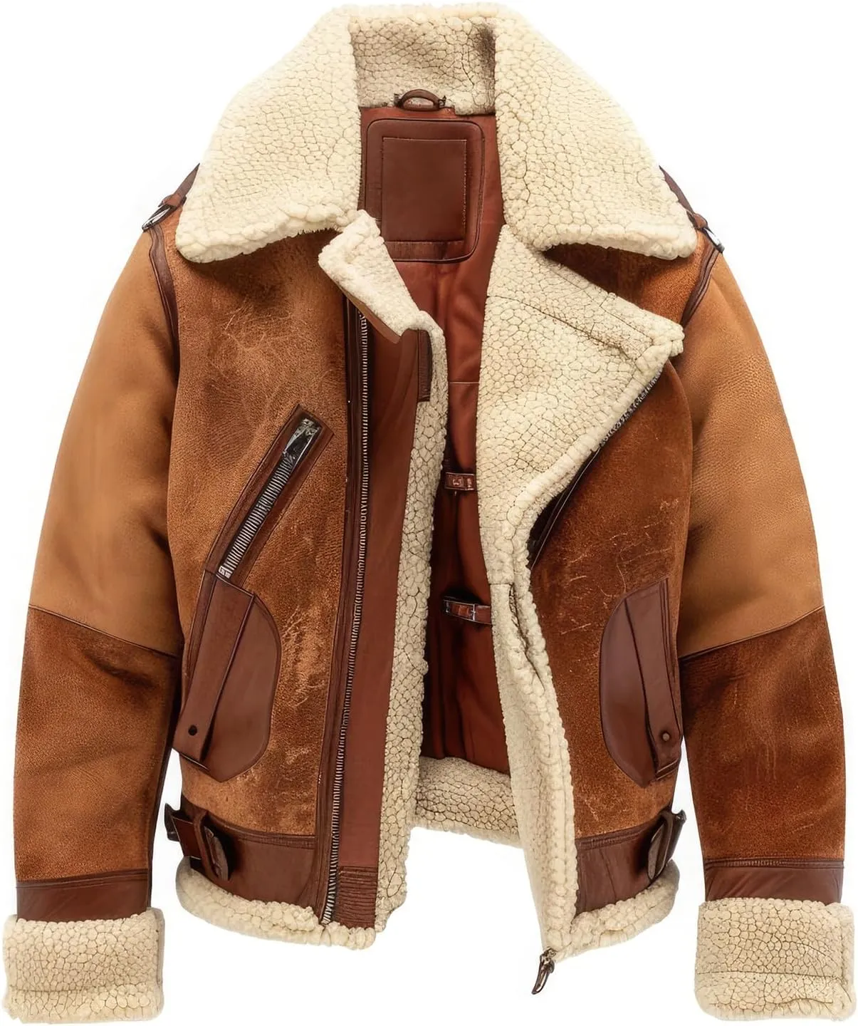 Men’s Brown Beige Genuine Suede B3 Aviator Flight Pilot, Warm Winter Sherpa Shearling Faux Fur Lined, Stylish Leather Jacket
