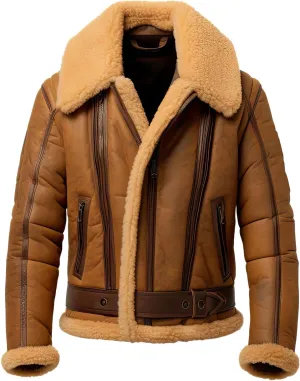 Men’s Brown Genuine Sheepskin B3 Bomber Sherpa Shearling Faux Fur Lined Aviator Pilot Winter Flight Warm Leather Jacket