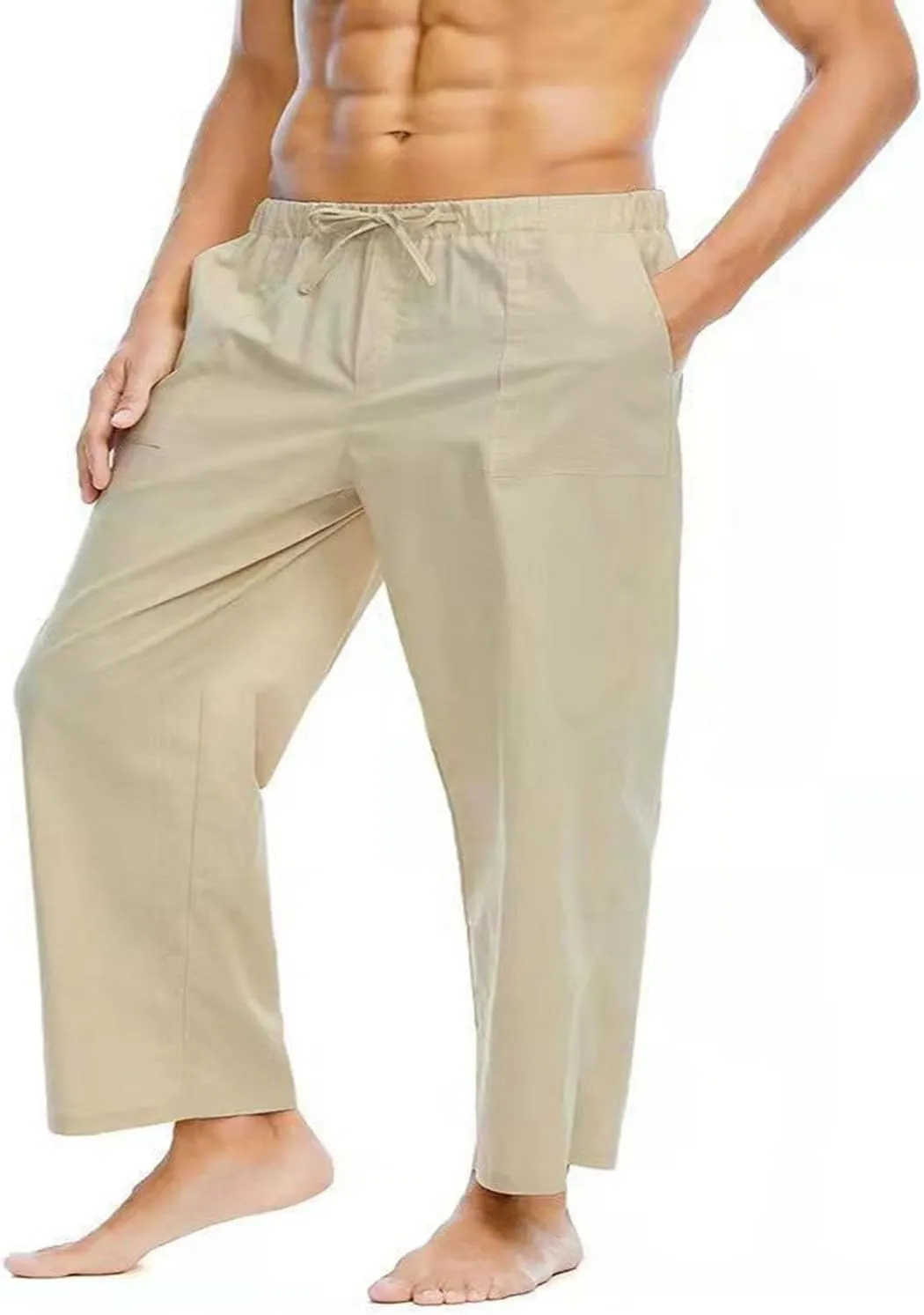 Men's Casual Pants Drawstring Elastic Waist Quick Dry Solid Summer Beach Pants Lightweight Loose Trousers with Pocket