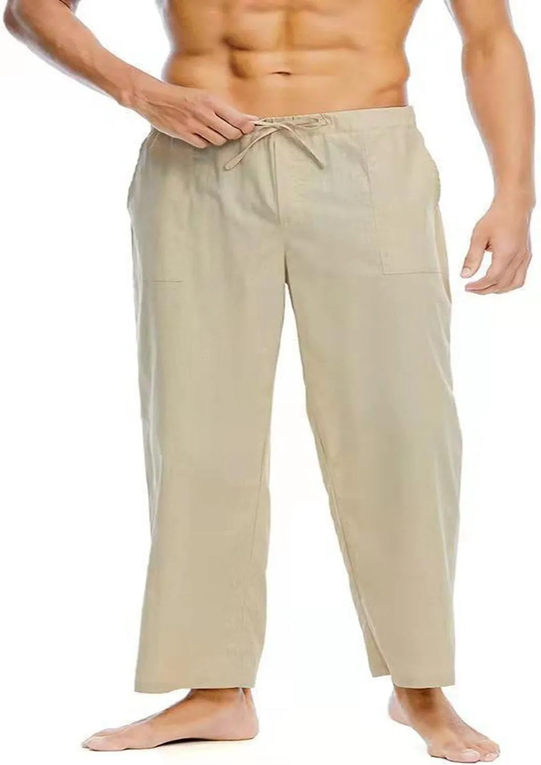Men's Casual Pants Drawstring Elastic Waist Quick Dry Solid Summer Beach Pants Lightweight Loose Trousers with Pocket