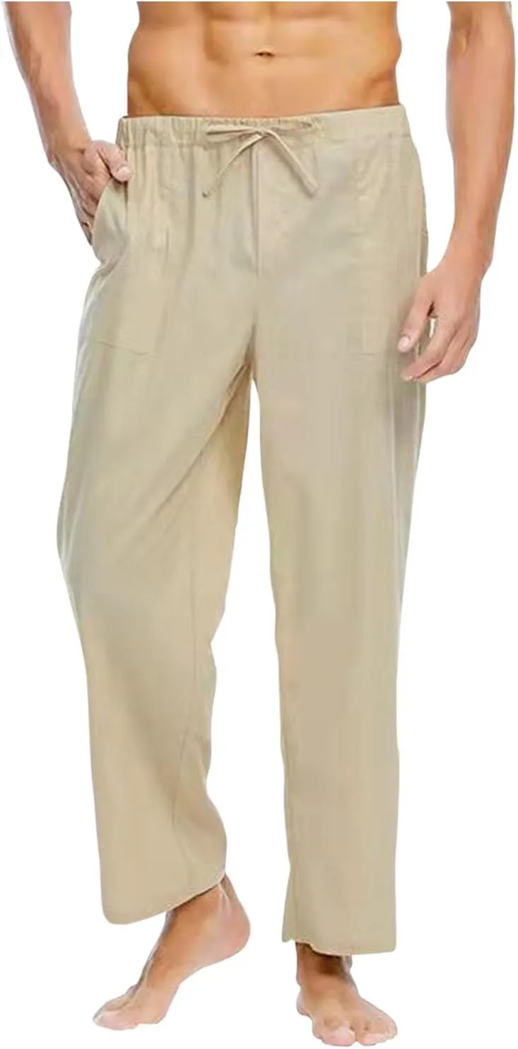 Men's Casual Pants Drawstring Elastic Waist Quick Dry Solid Summer Beach Pants Lightweight Loose Trousers with Pocket