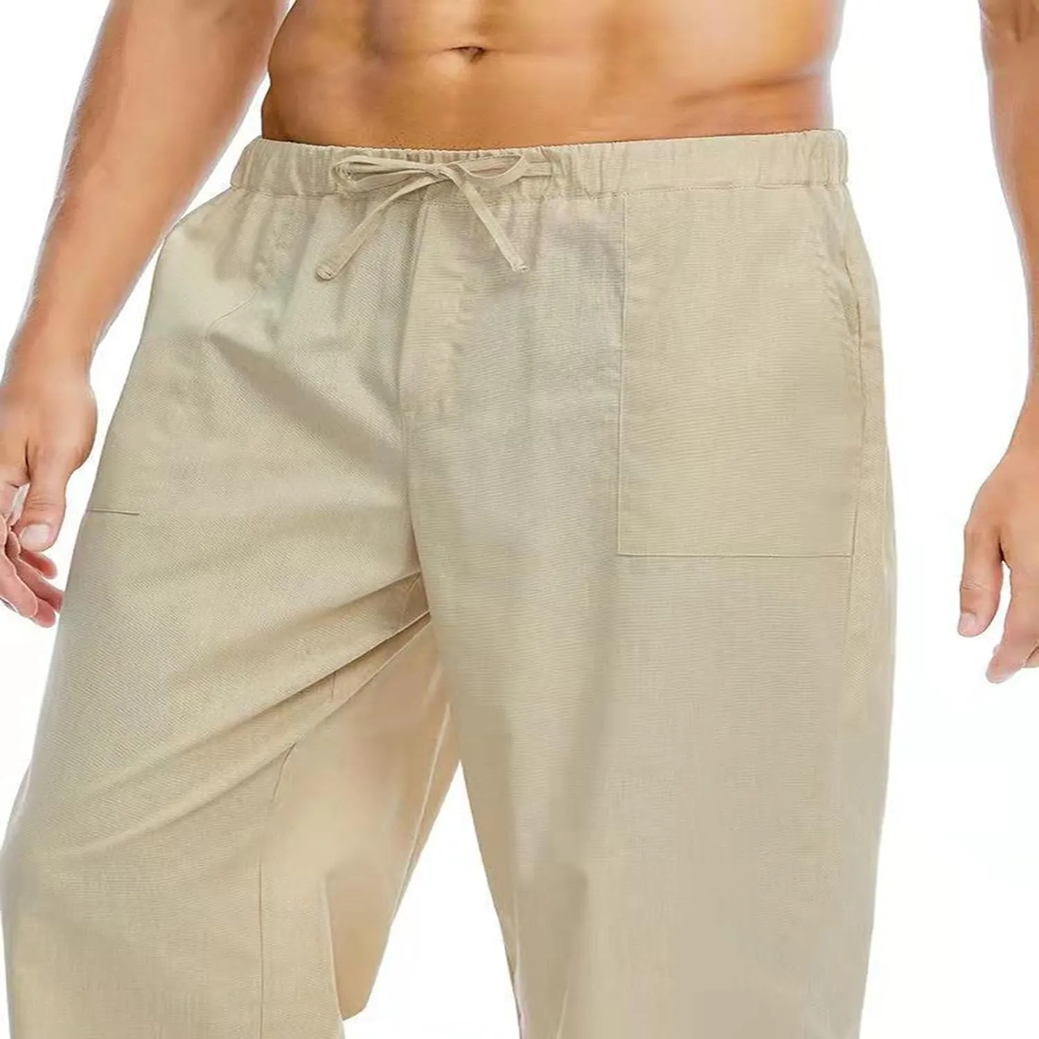 Men's Casual Pants Drawstring Elastic Waist Quick Dry Solid Summer Beach Pants Lightweight Loose Trousers with Pocket