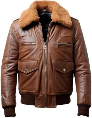 Men’s Coffee Brown A2 Aviator Leather Bomber Jacket with Zipper, Genuine Sherpa Lined and Faux Fur Collar, Air Force Design
