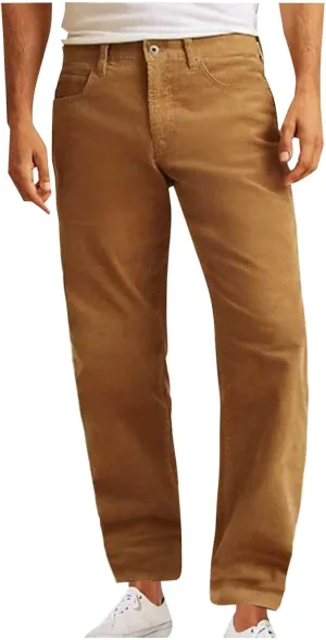 Mens Corduroy Pants Elastic Waist Button Pants Fashion Loose Casual Solid Long Trousers Straight Leg Slack Sweatpants