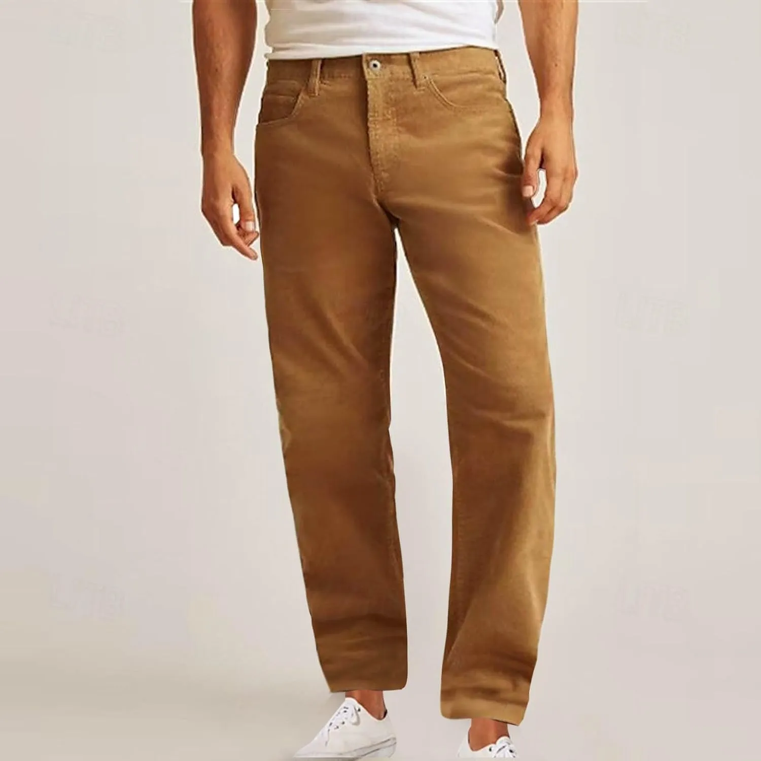 Mens Corduroy Pants Elastic Waist Button Pants Fashion Loose Casual Solid Long Trousers Straight Leg Slack Sweatpants