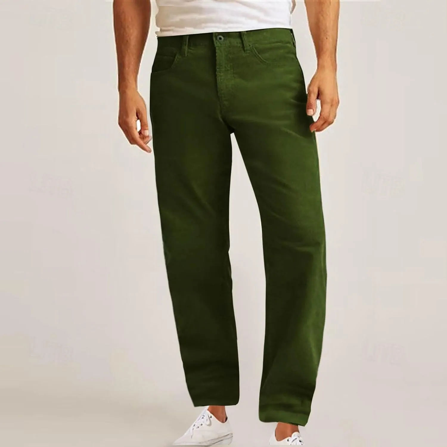 Mens Corduroy Pants Elastic Waist Button Pants Fashion Loose Casual Solid Long Trousers Straight Leg Slack Sweatpants