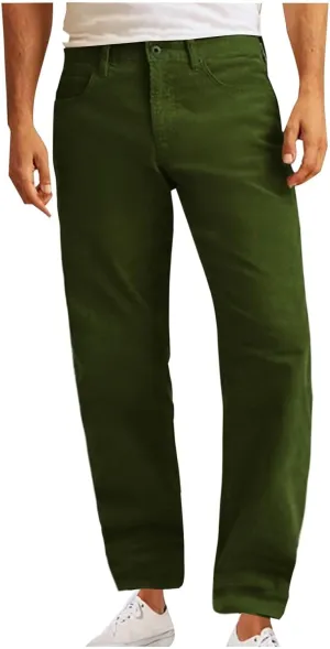 Mens Corduroy Pants Elastic Waist Button Pants Fashion Loose Casual Solid Long Trousers Straight Leg Slack Sweatpants