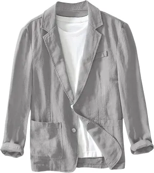 Mens Cotton Linen Blazer Lightweight and Thin Casual Sport Coat Solid Color with Two Button Pockets for Daily Suits
