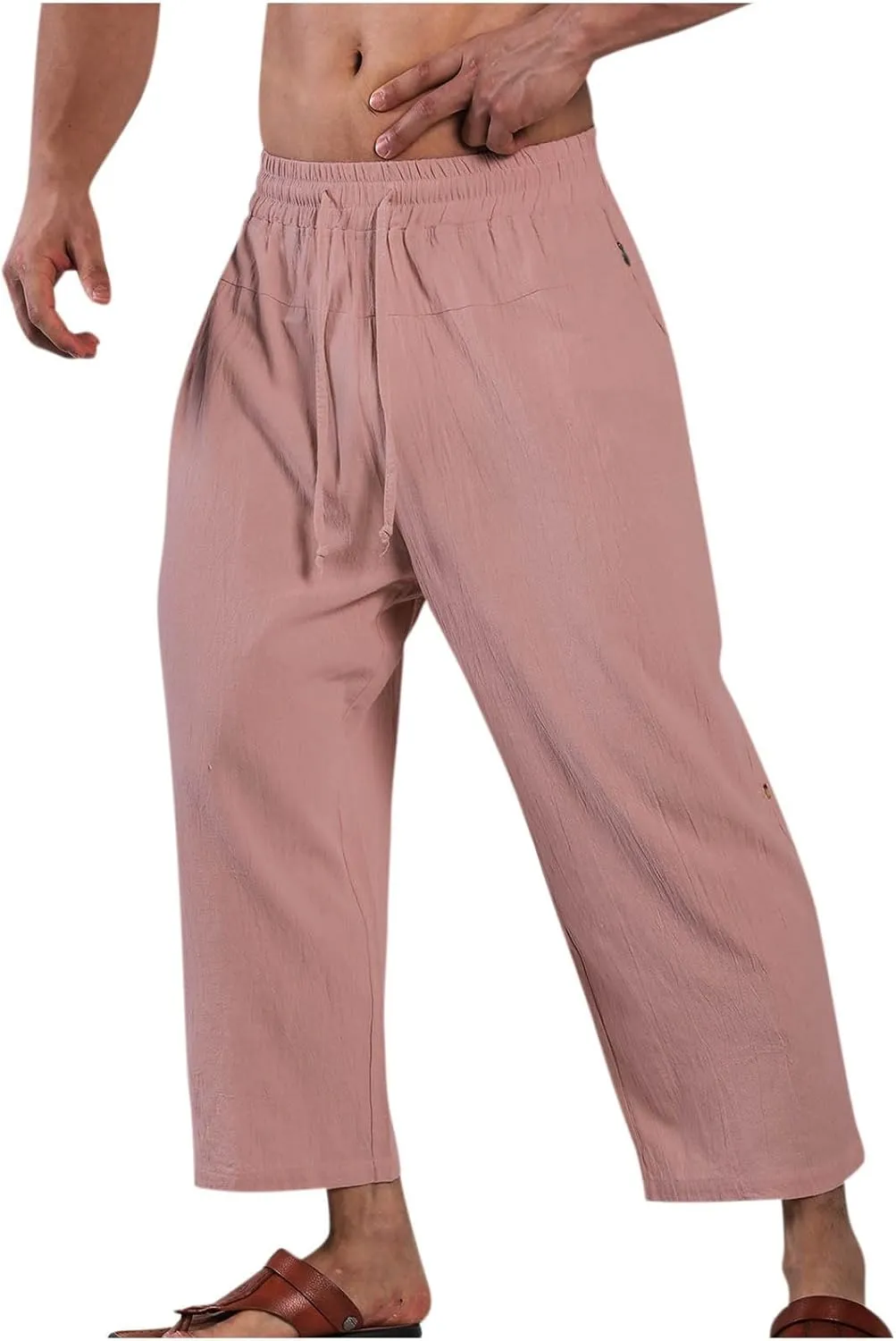 Men's Cotton Linen Capri Pants Drawstring Elastic Waist Casual Lightweight Loose Fit Summer Fall Beach Sports Pants