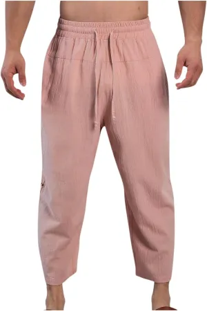 Men's Cotton Linen Capri Pants Drawstring Elastic Waist Casual Lightweight Loose Fit Summer Fall Beach Sports Pants