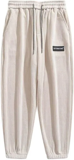 Mens Cozy Corduroy Joggers Pants Casual Cargo Pants Drawstring Elastic Waist Baggy Tapered Sweatpants with Pockets