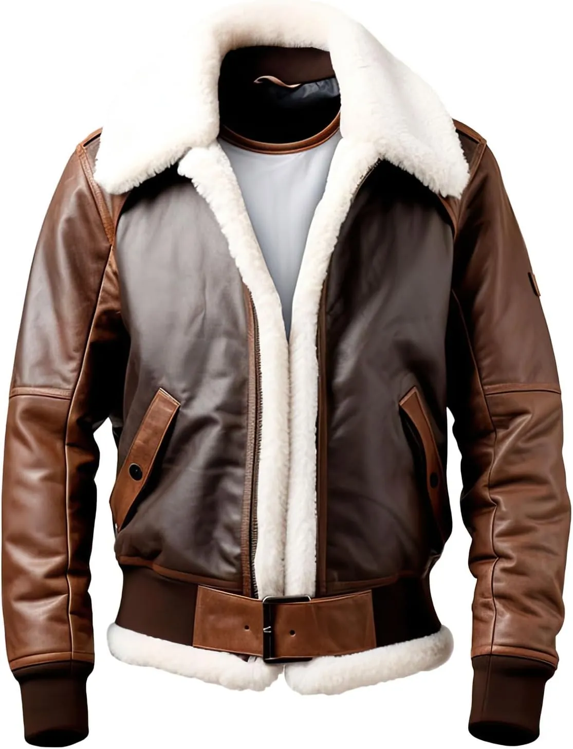 Men’s Dark Brown White Genuine Sheepskin Sherpa Shearling Faux Fur Lined Flying Belted A2 Aviator Bomber Leather Jacket
