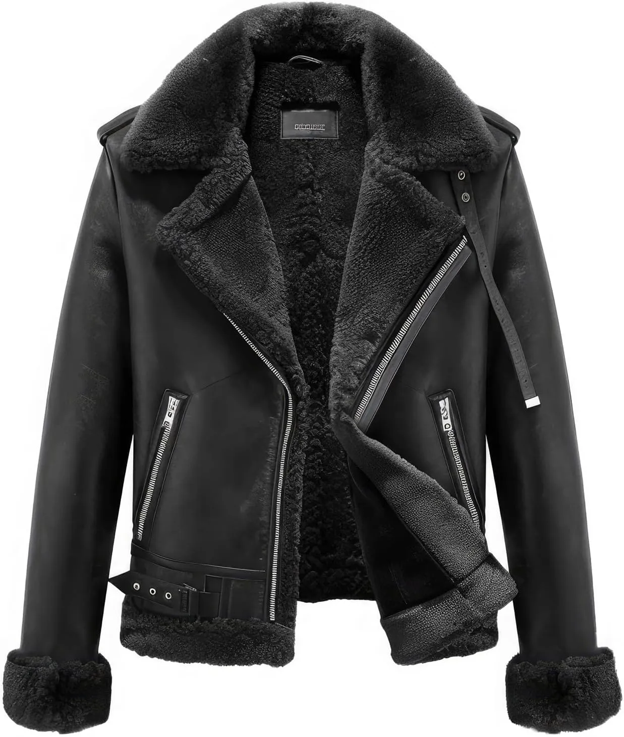 Men's Distressed Asymetric Black Sheepskin Leather Aviator Jacket, Vintage B3 Style, Sherpa Lined, Faux Fur, Fall Zip-Up Coat