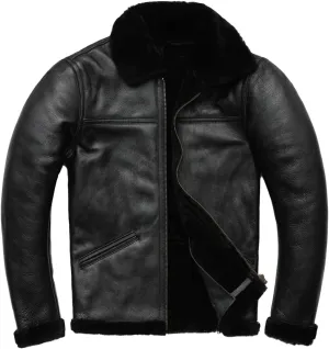 Men's Distressed B3 Black Bomber Genuine Sheepskin Sherpa Shearling Faux Fur Lined Winter Aviator Jacket.