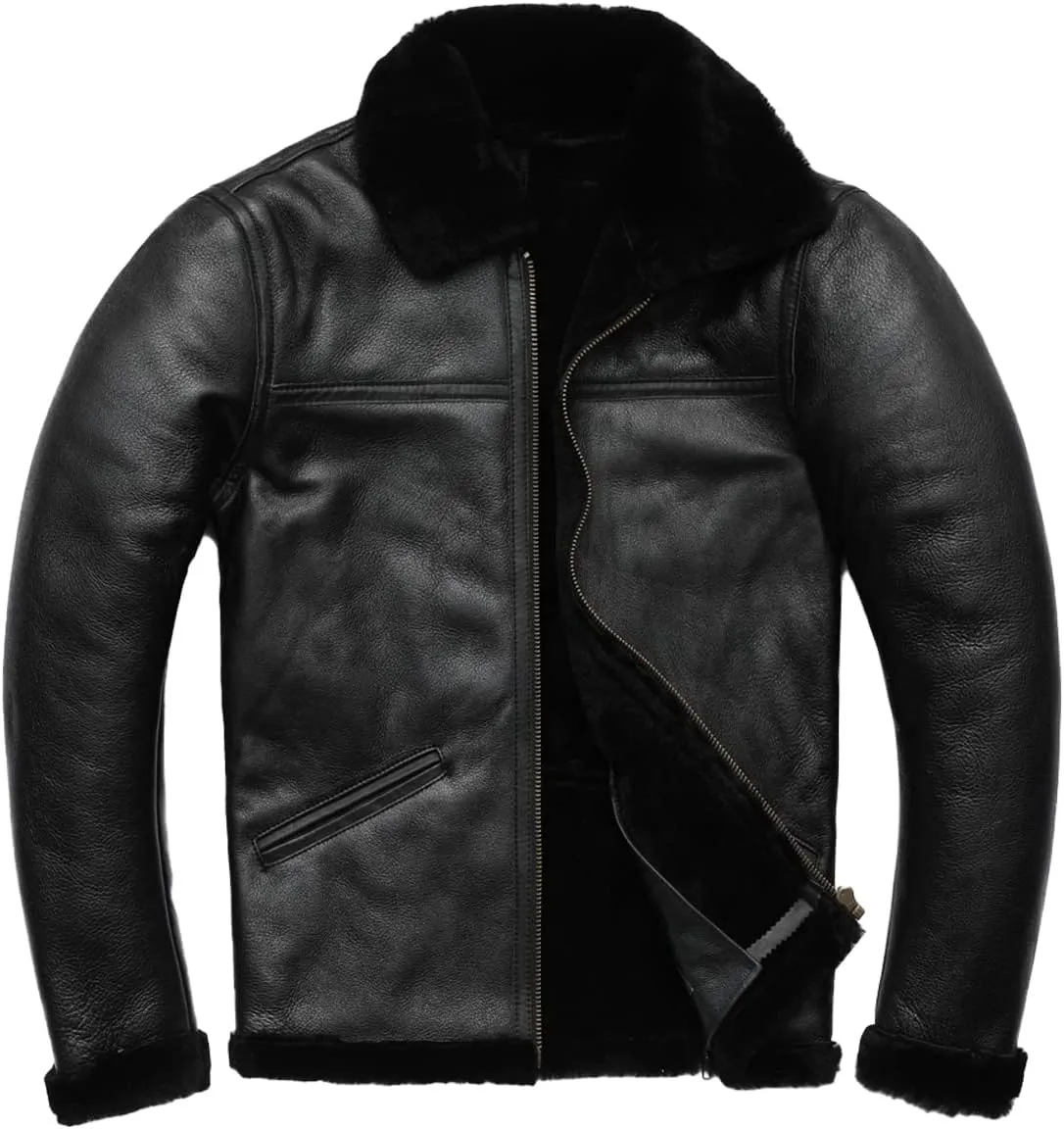 Men's Distressed B3 Black Bomber Genuine Sheepskin Sherpa Shearling Faux Fur Lined Winter Aviator Jacket.