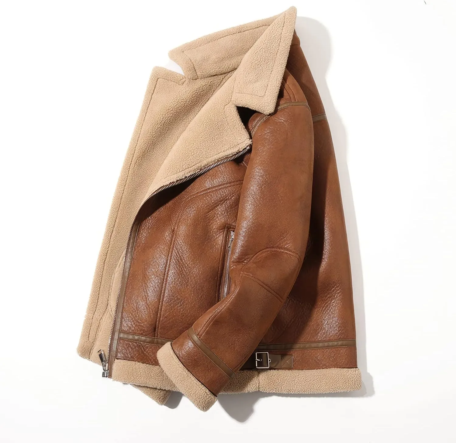 Men’s Distressed Brown B3 Genuine Sheepskin Sherpa Shearling Faux Fur Lined Bomber Warm Aviator Leather Jacket