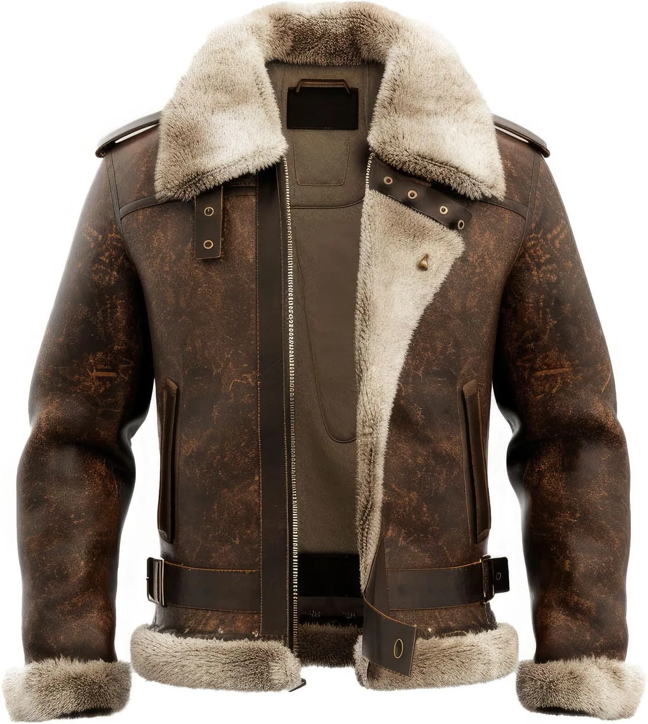 Men's Distressed Brown Genuine Sheepskin Sherpa Lined Aviator B3 Bomber Leather Jacket - Vintage Flight Pilot Style