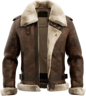 Men's Distressed Brown Genuine Sheepskin Sherpa Lined Aviator B3 Bomber Leather Jacket - Vintage Flight Pilot Style