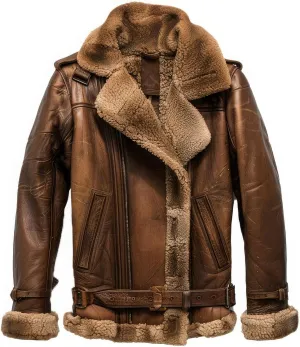 Men's Distressed Brown Sheepskin B3 Bomber Jacket, Sherpa Faux Fur Lined, Winter Warm Aviator Flight Pilot Leather