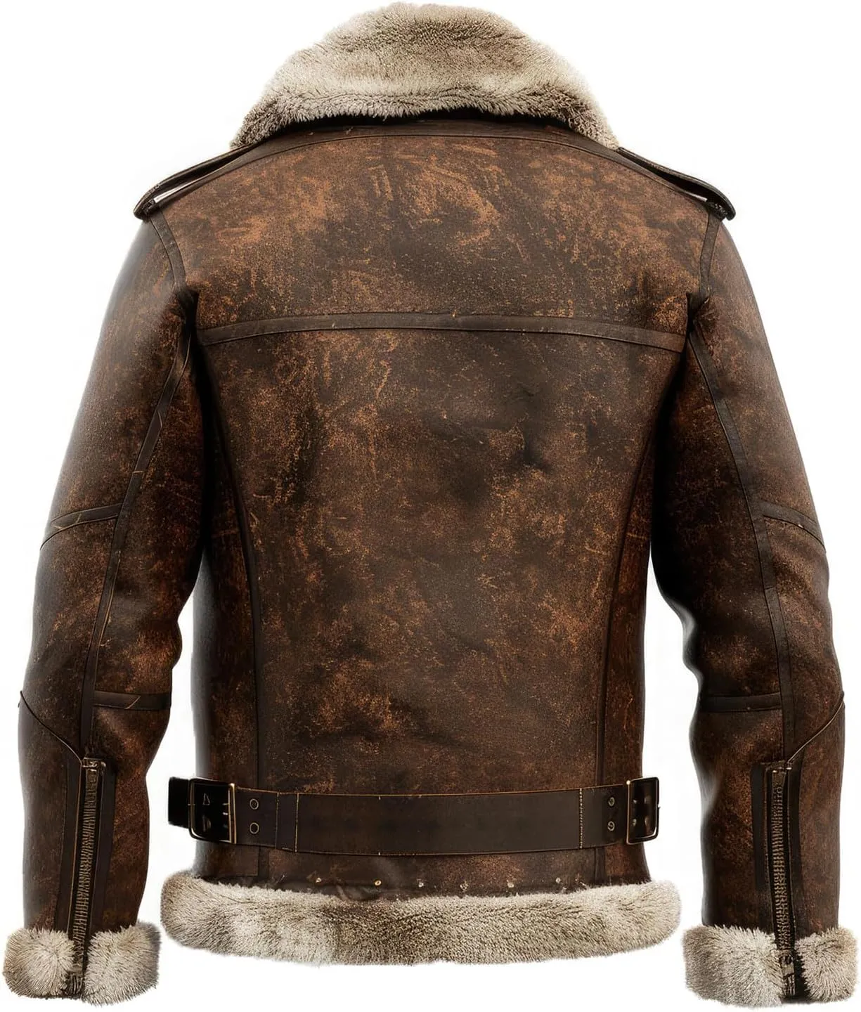 Men’s Distressed Brown Sheepskin Sherpa Faux Fur Lined Vintage Aviator B3 Bomber Jacket