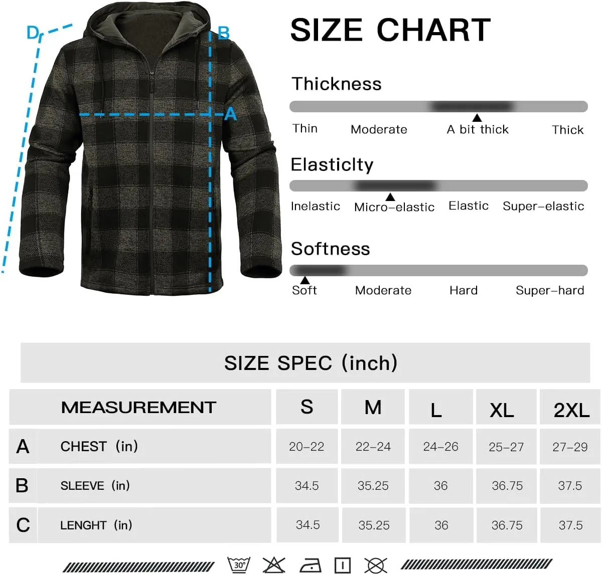 Men's Fleece Jacket Plaid Hoodies Sherpa Zip Up Winter Work Warm Sweatshirts