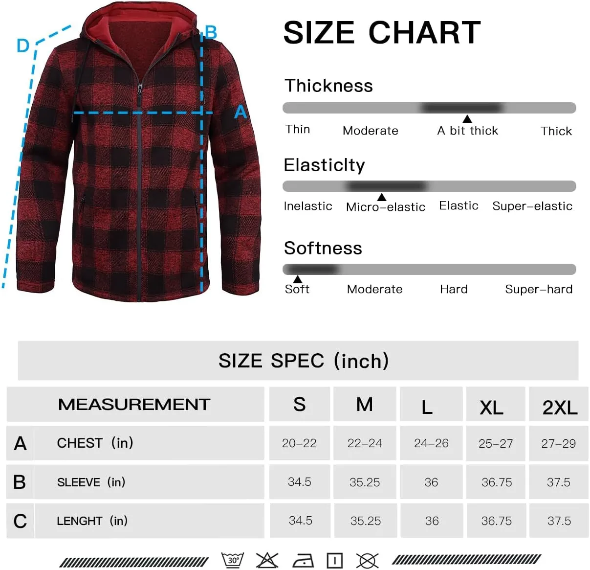 Men's Fleece Jacket Plaid Hoodies Sherpa Zip Up Winter Work Warm Sweatshirts