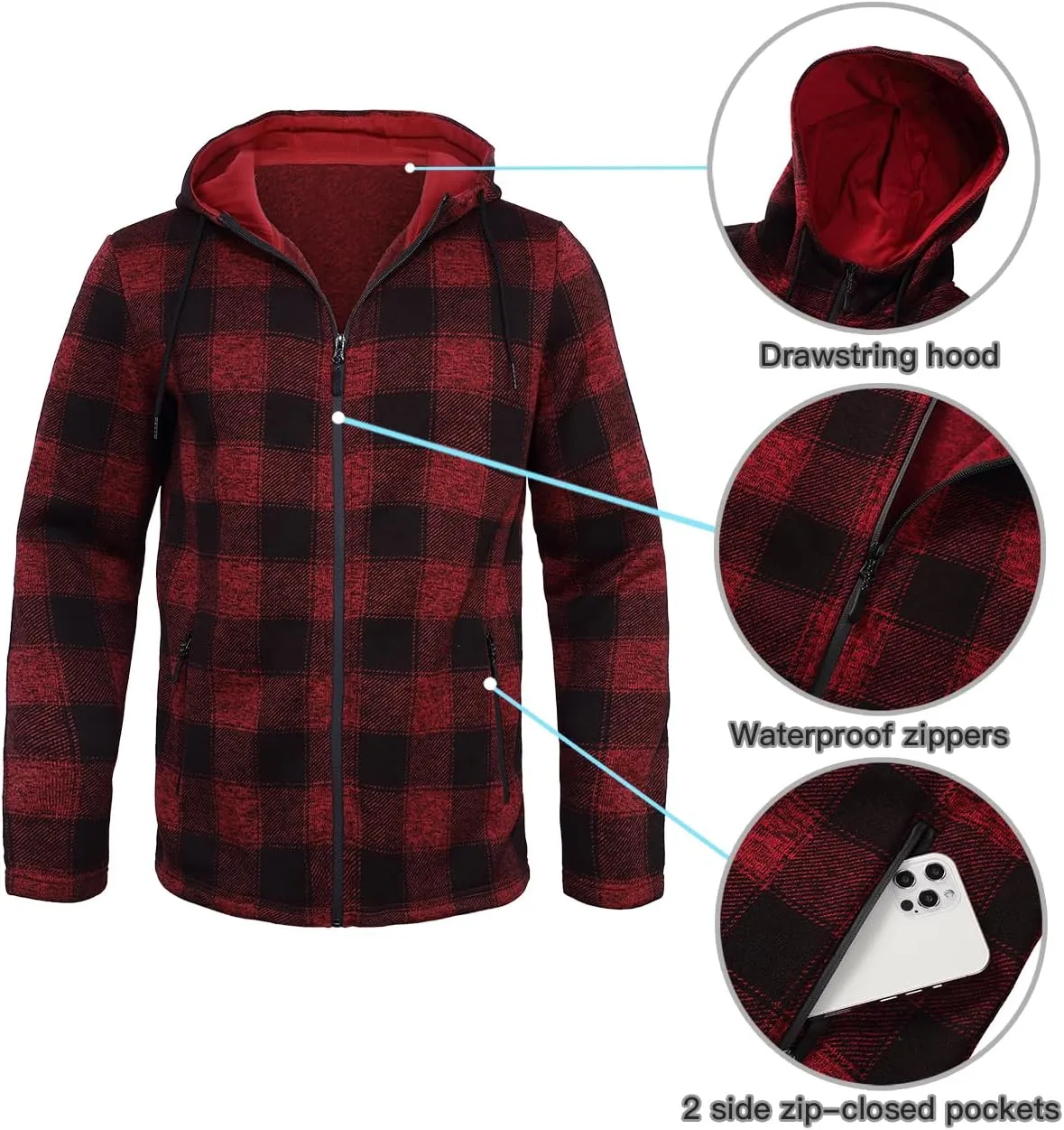 Men's Fleece Jacket Plaid Hoodies Sherpa Zip Up Winter Work Warm Sweatshirts