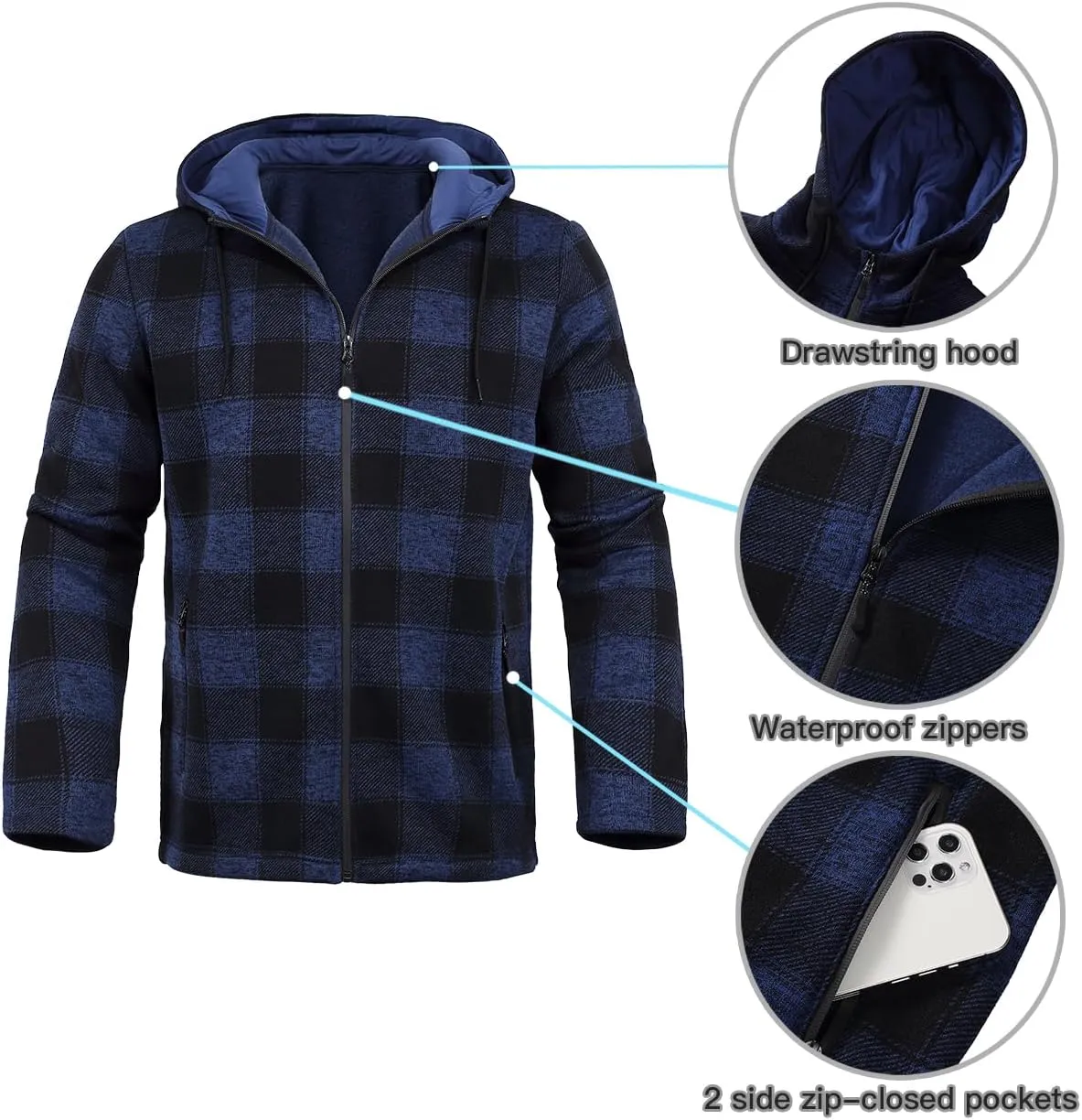 Men's Fleece Jacket Plaid Hoodies Sherpa Zip Up Winter Work Warm Sweatshirts