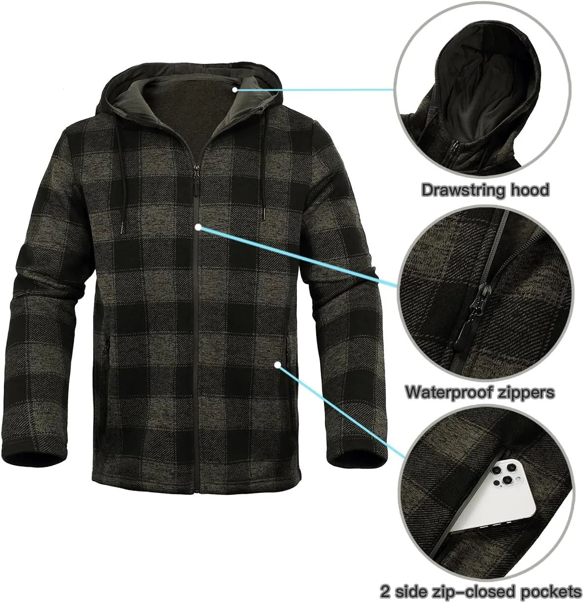Men's Fleece Jacket Plaid Hoodies Sherpa Zip Up Winter Work Warm Sweatshirts