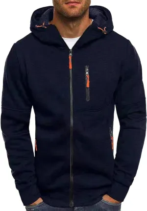 Men's Full Zipper Sports Training Hoodies Casual Long-Sleeved Hooded Sweater with Pockets Jogging Track and Filed Gym