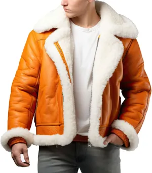 Men’s Genuine Sheepskin B3 Bomber Jacket – Warm Sherpa Lined Aviator Leather Jacket in Ginger Orange
